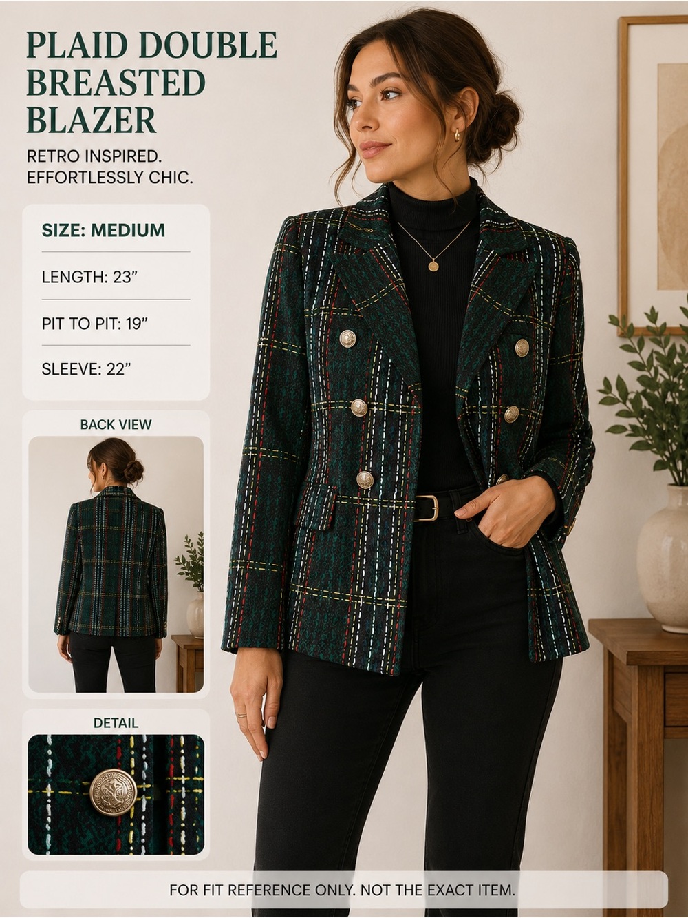 NWOT Retro Plaid Double Breasted Blazer Jacket Medium